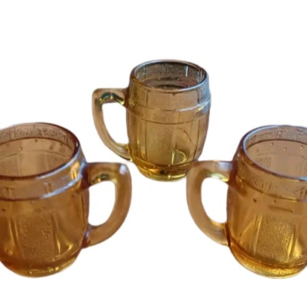 3 Mini Miniature Wood Barrel Shot Glasses Mugs With Handle Amber Gold 2”